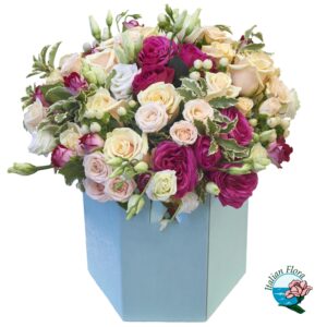 Flower box con rose e lisianthus